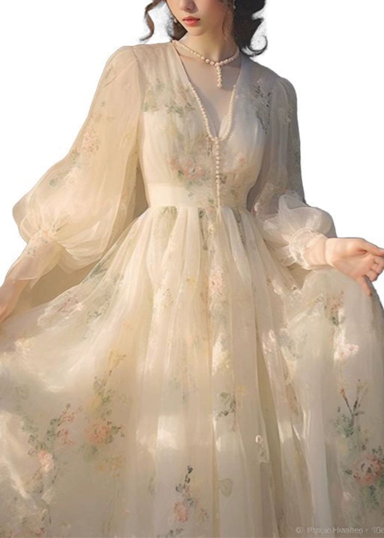 Elegant Beige V Neck High Waist Tulle Maxi Dresses Long Sleeve 5