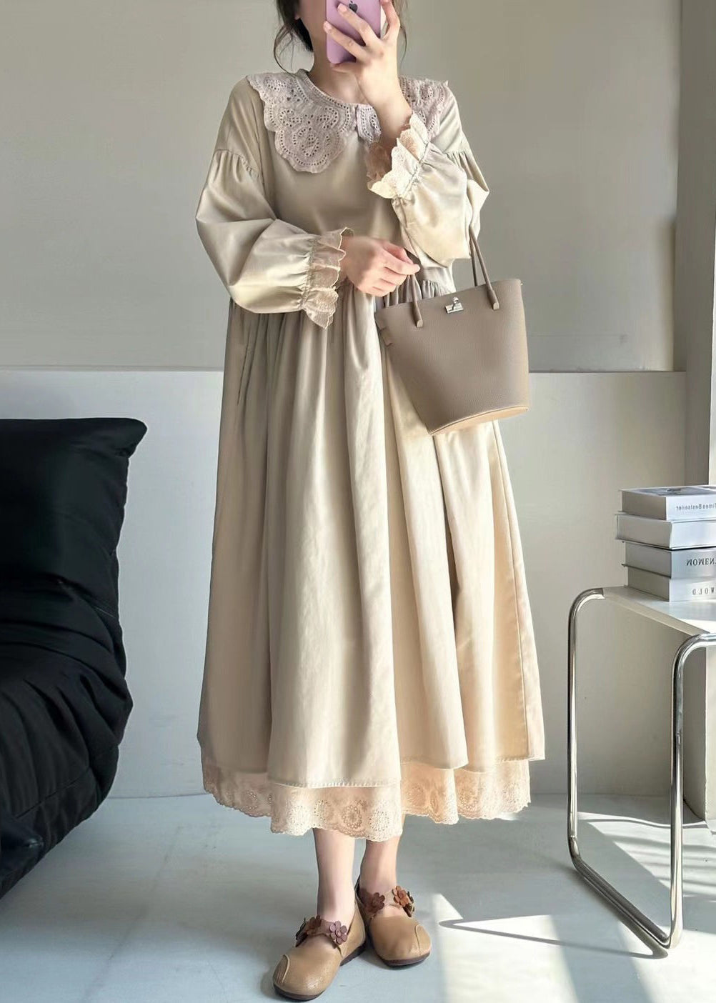 Lace Trim Collar Ruffle Cuff Puff Sleeve Smock Midi Dress