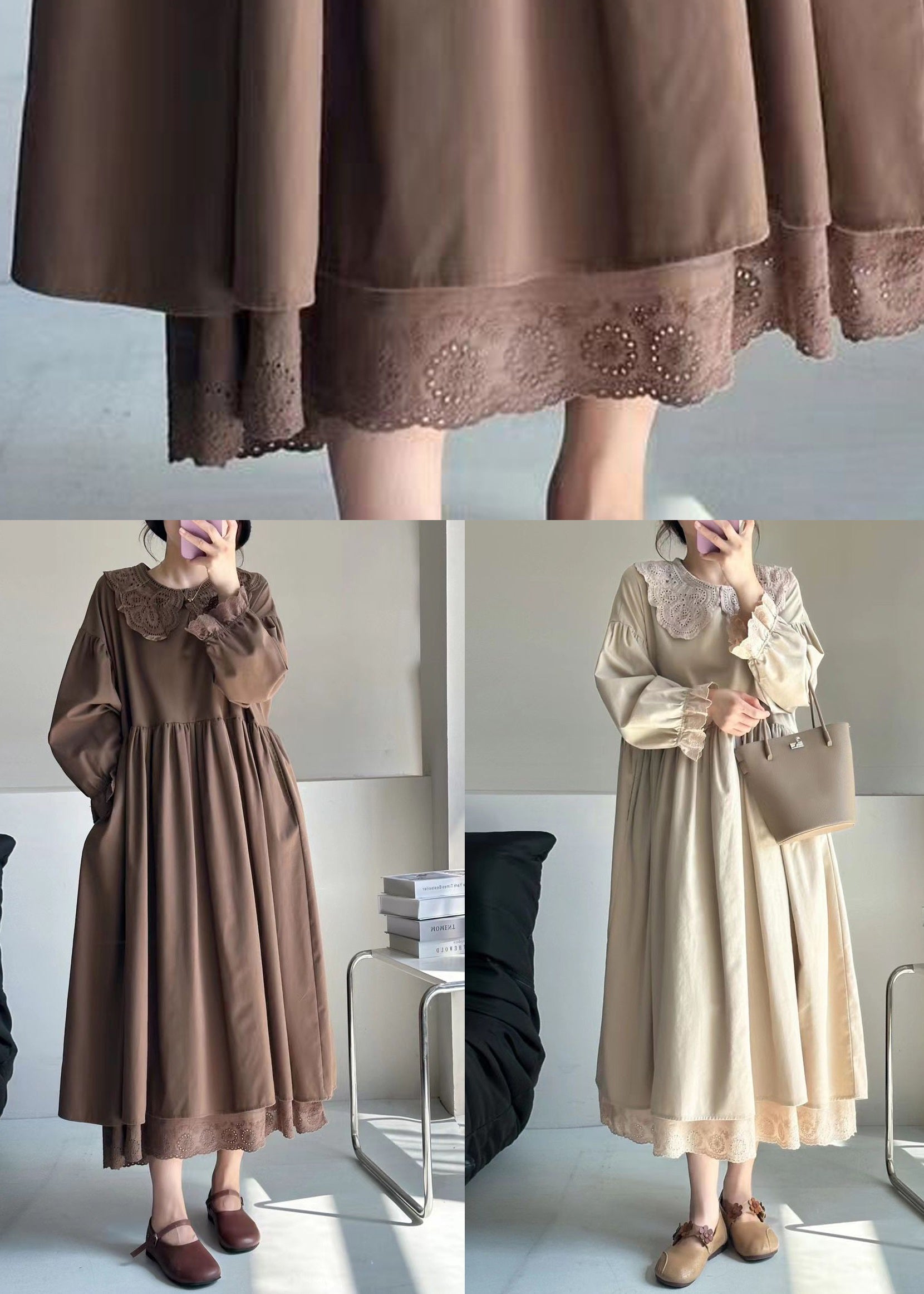 Lace Trim Collar Ruffle Cuff Puff Sleeve Smock Midi Dress