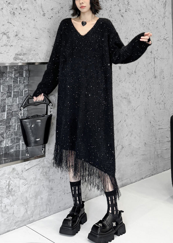 Sequin Speckle Fuzzy Knit V-Neck Long Sleeve Fringe Hem Midi Dress