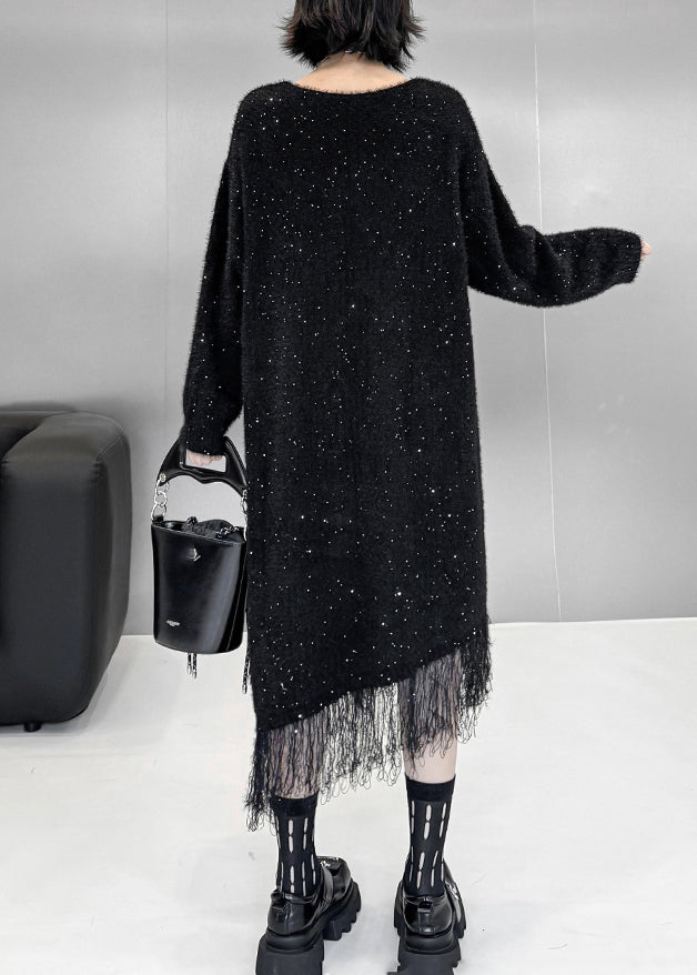 Sequin Speckle Fuzzy Knit V-Neck Long Sleeve Fringe Hem Midi Dress