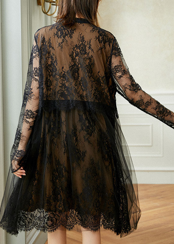 Floral Lace Button Front Mesh Overlay Eyelash Trim Long Sleeve Midi Dress