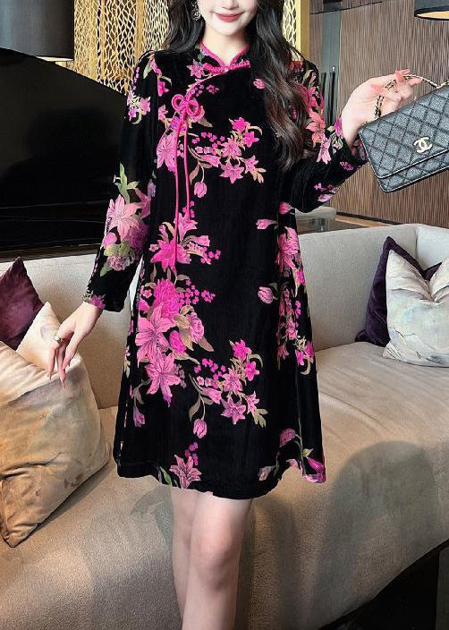 Velvet Floral Mandarin Collar Frog Button Long Sleeve Mini Dress