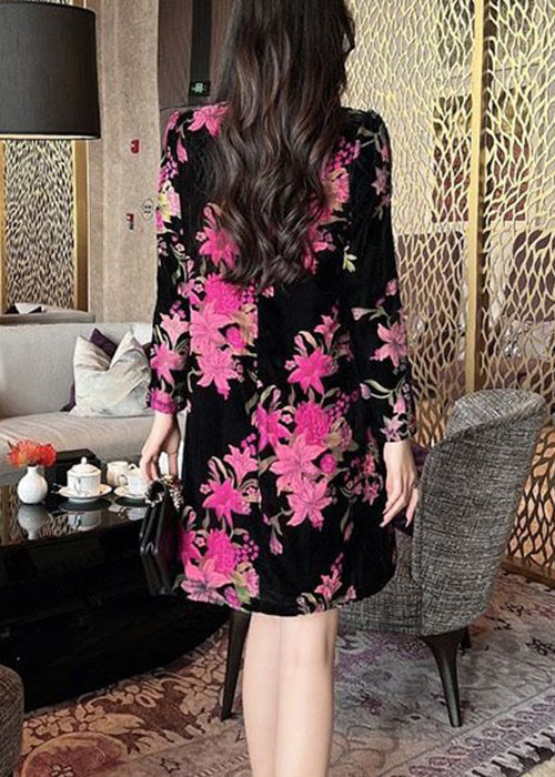 Velvet Floral Mandarin Collar Frog Button Long Sleeve Mini Dress