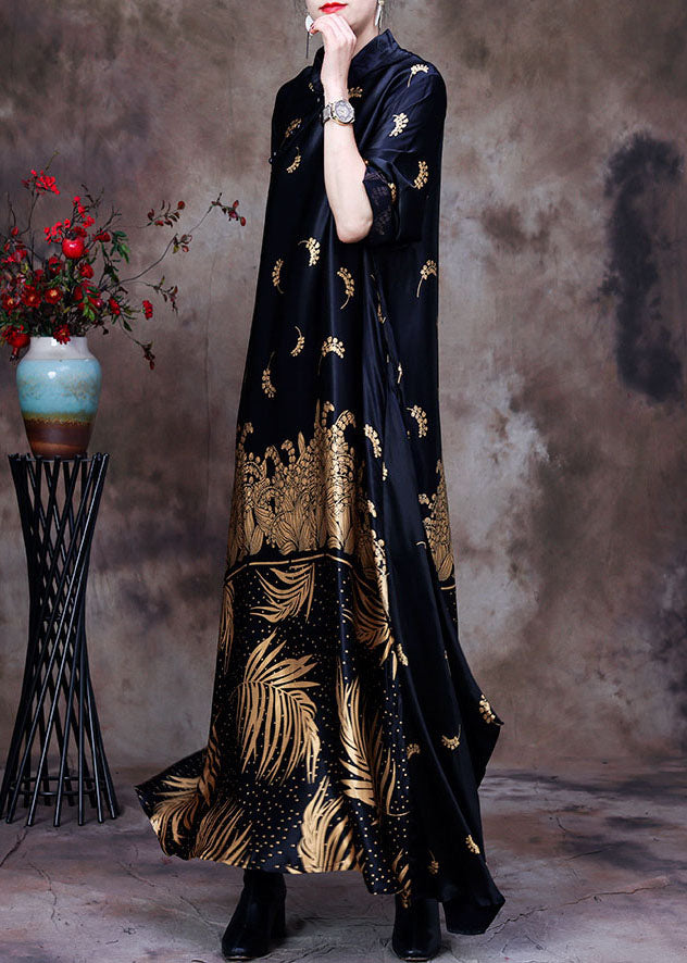 Floral Print Mandarin Collar Long Sleeve Satin Maxi Gown