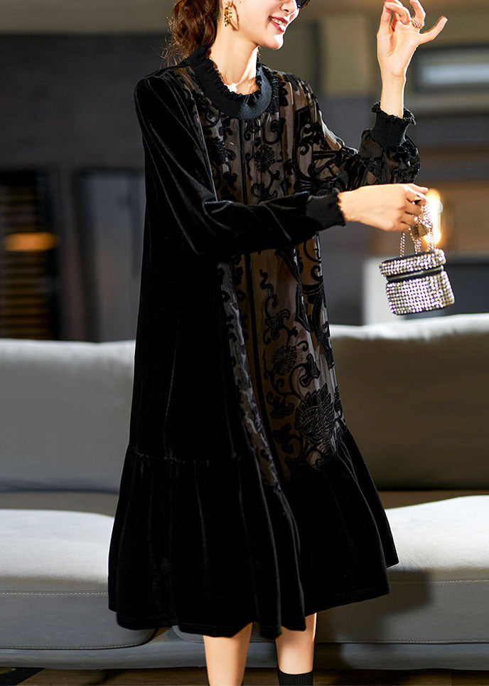 Velvet Embroidered Mesh Panel Long Sleeve Ruffle Hem Midi Dress