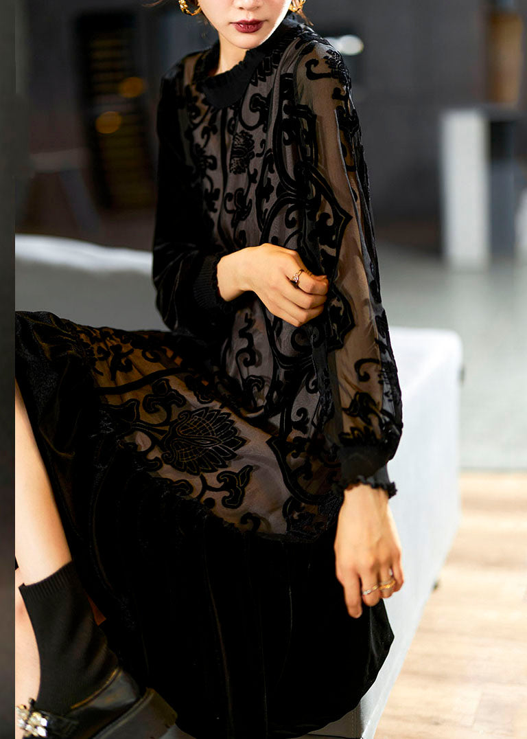 Elegant Black O-Neck Embroideried Patchwork Silk Velour Maxi Dress Long Sleeve 3