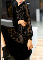 Elegant Black O-Neck Embroideried Patchwork Silk Velour Maxi Dress Long Sleeve 3