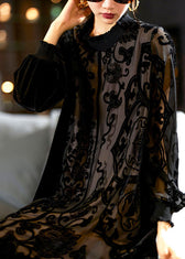 Elegant Black O-Neck Embroideried Patchwork Silk Velour Maxi Dress Long Sleeve 4