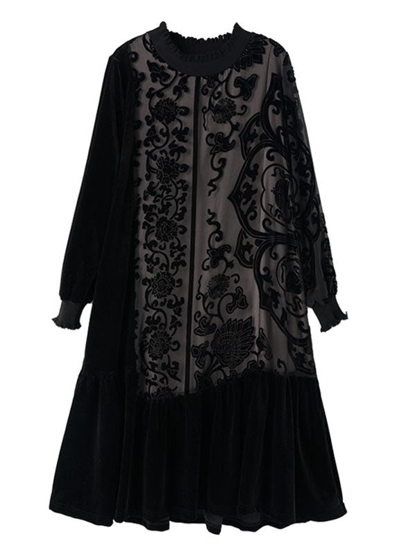 Elegant Black O-Neck Embroideried Patchwork Silk Velour Maxi Dress Long Sleeve 5
