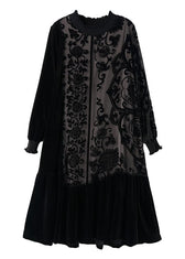Elegant Black O-Neck Embroideried Patchwork Silk Velour Maxi Dress Long Sleeve 5