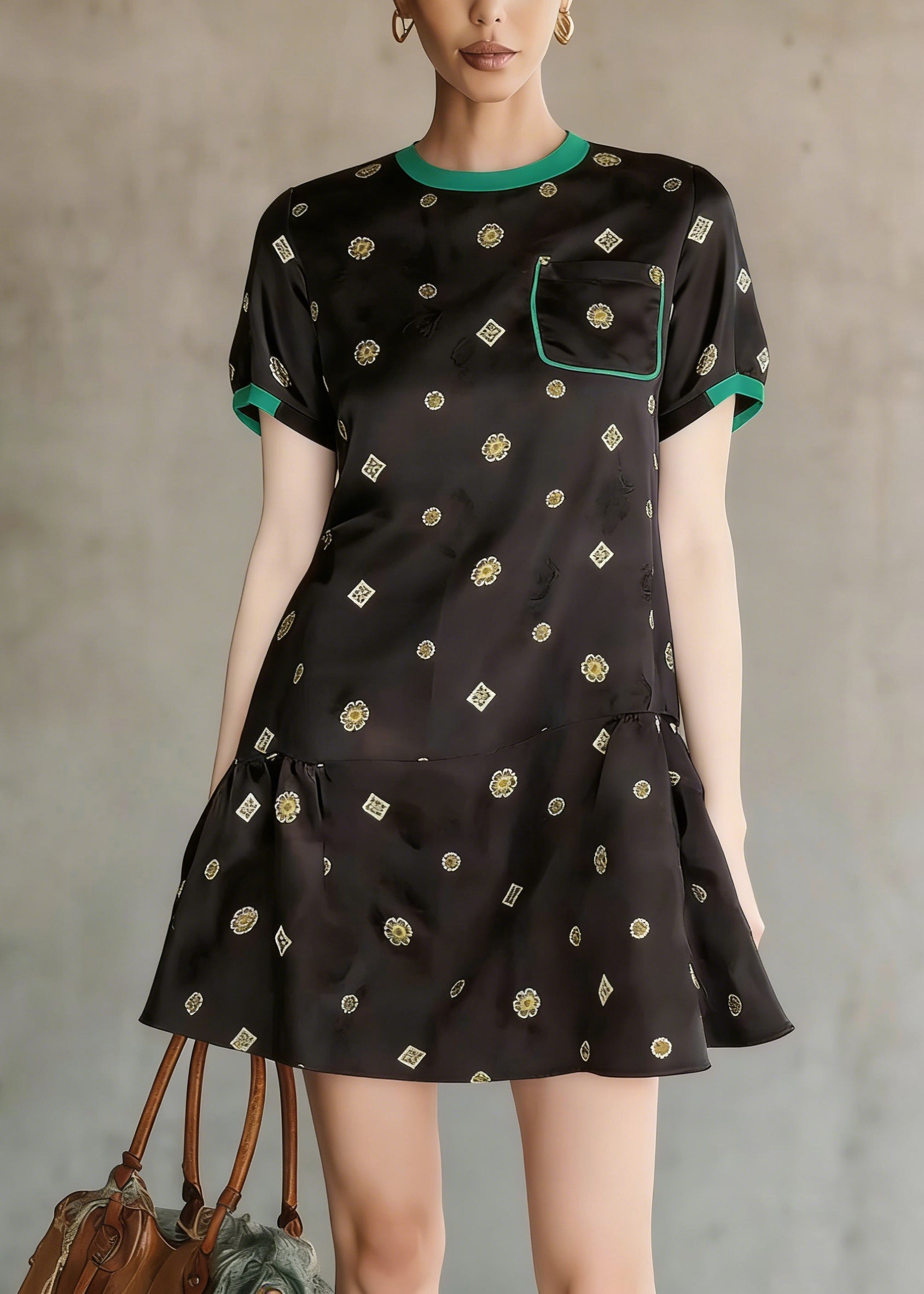Round Neck Short Sleeve Drop Waist Pocket Floral Print Mini Dress