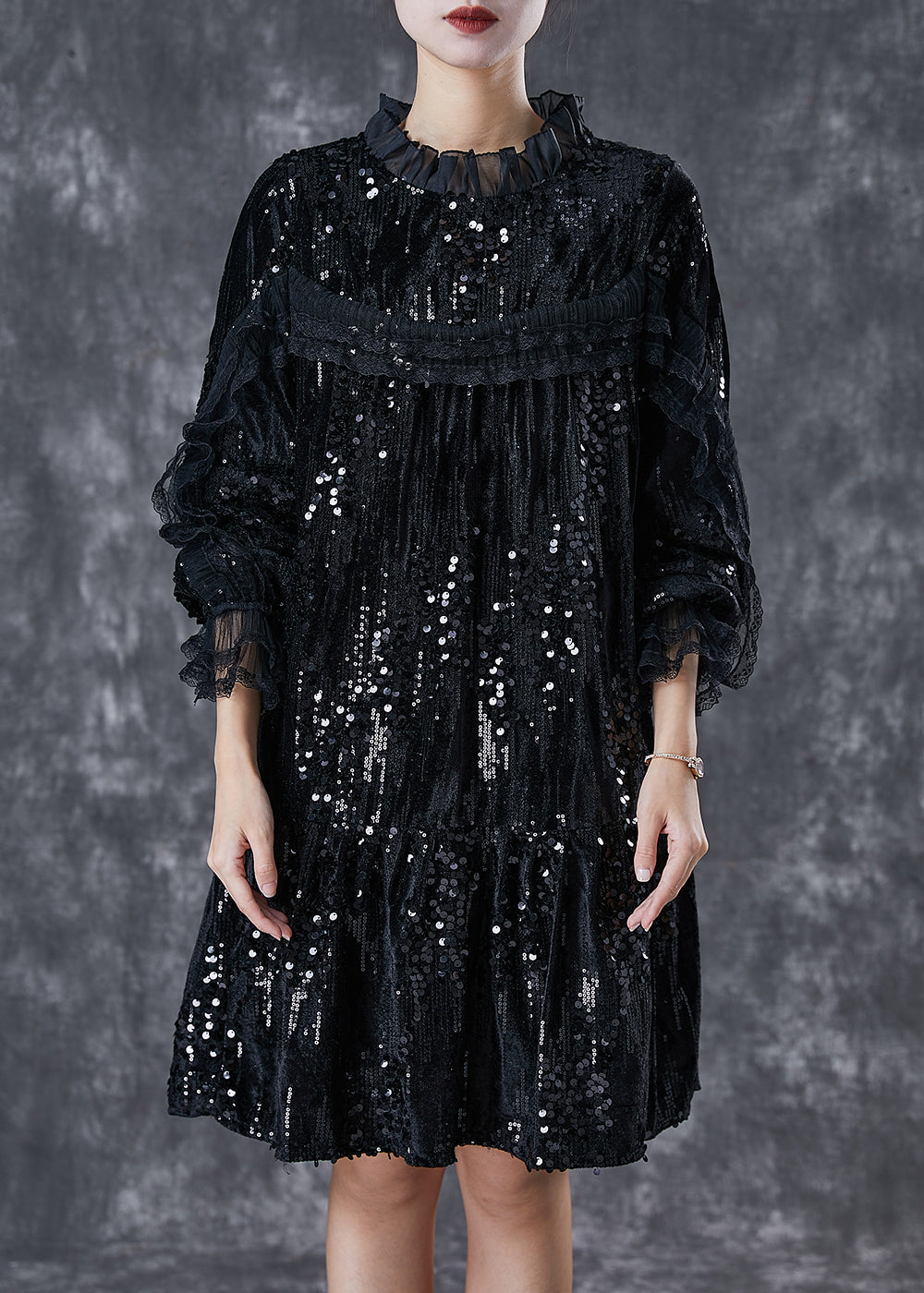 Sequin Velvet Ruffle Neck Tiered Long Sleeve Mini Dress
