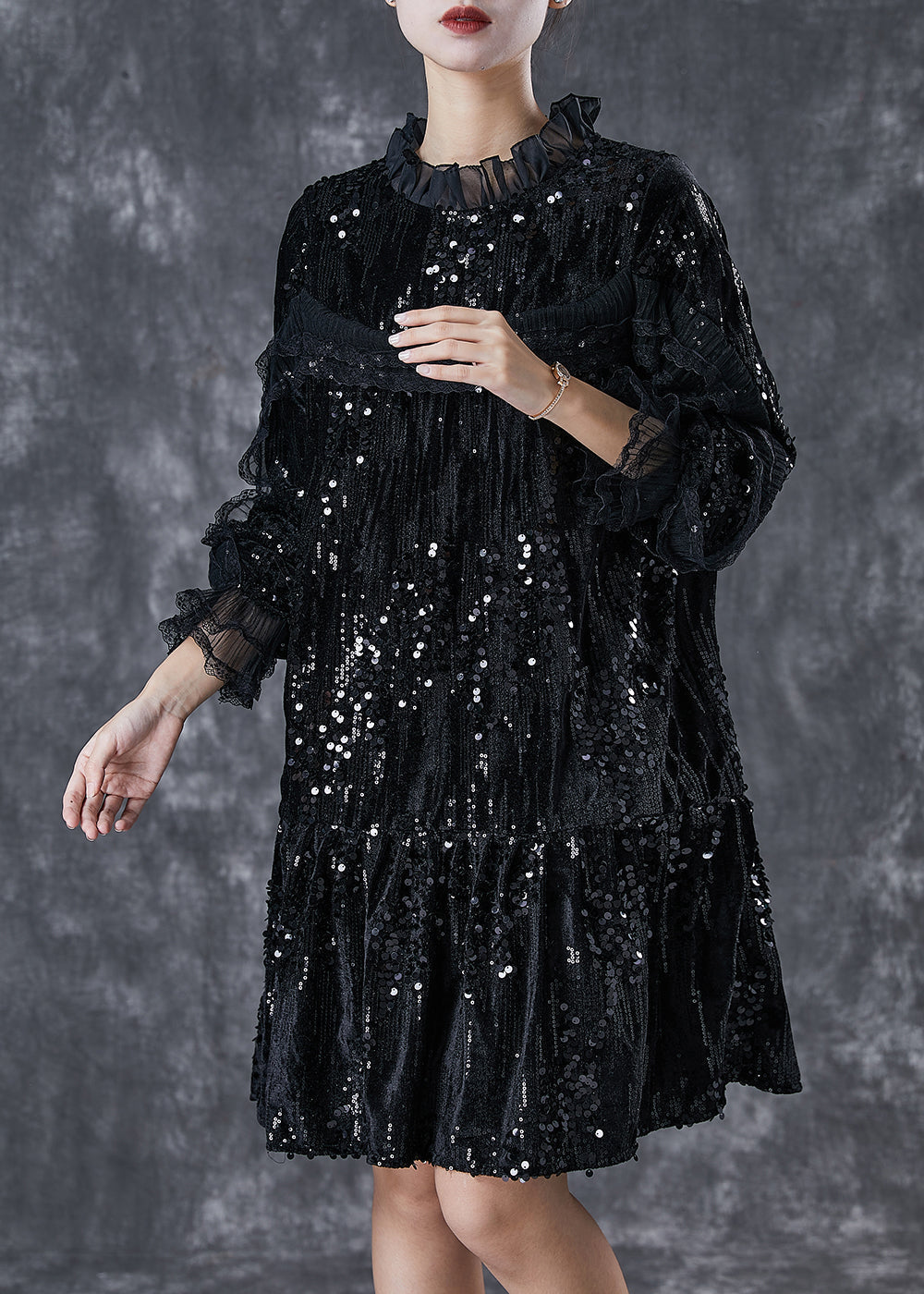Sequin Velvet Ruffle Neck Tiered Long Sleeve Mini Dress