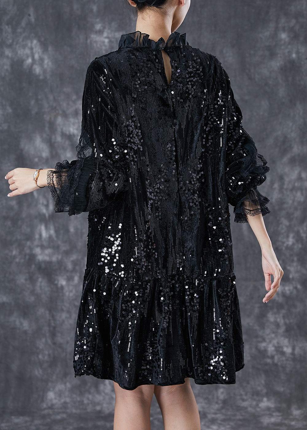 Sequin Velvet Ruffle Neck Tiered Long Sleeve Mini Dress