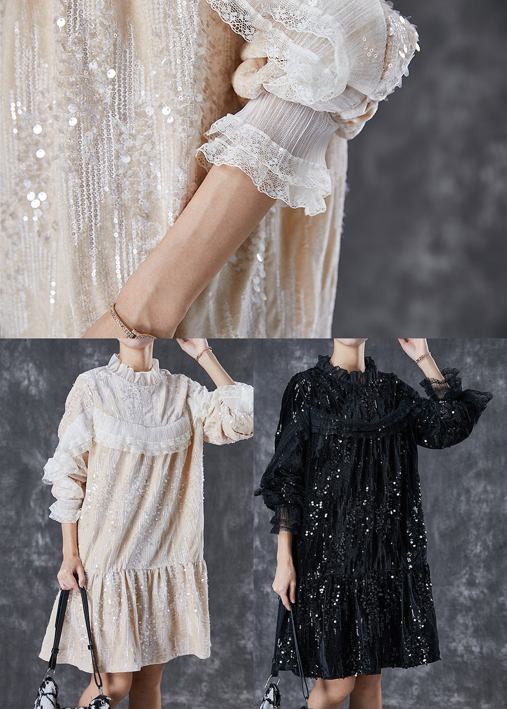 Sequin Velvet Ruffle Neck Tiered Long Sleeve Mini Dress
