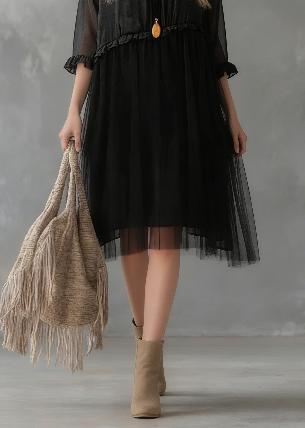 Round Neck Three Quarter Sleeve Ruffle Empire Waist Tiered Tulle Midi Dress