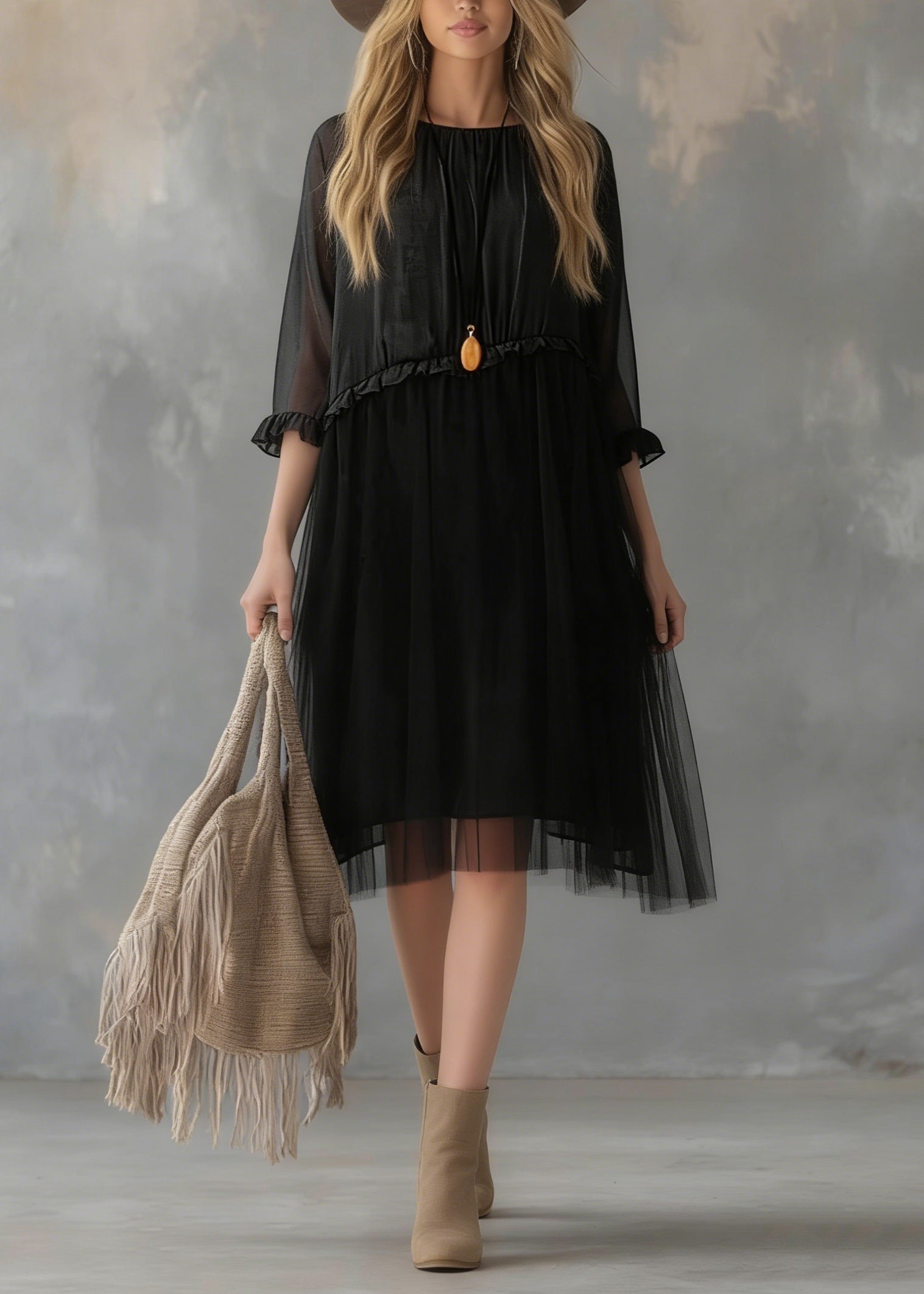 Round Neck Three Quarter Sleeve Ruffle Empire Waist Tiered Tulle Midi Dress