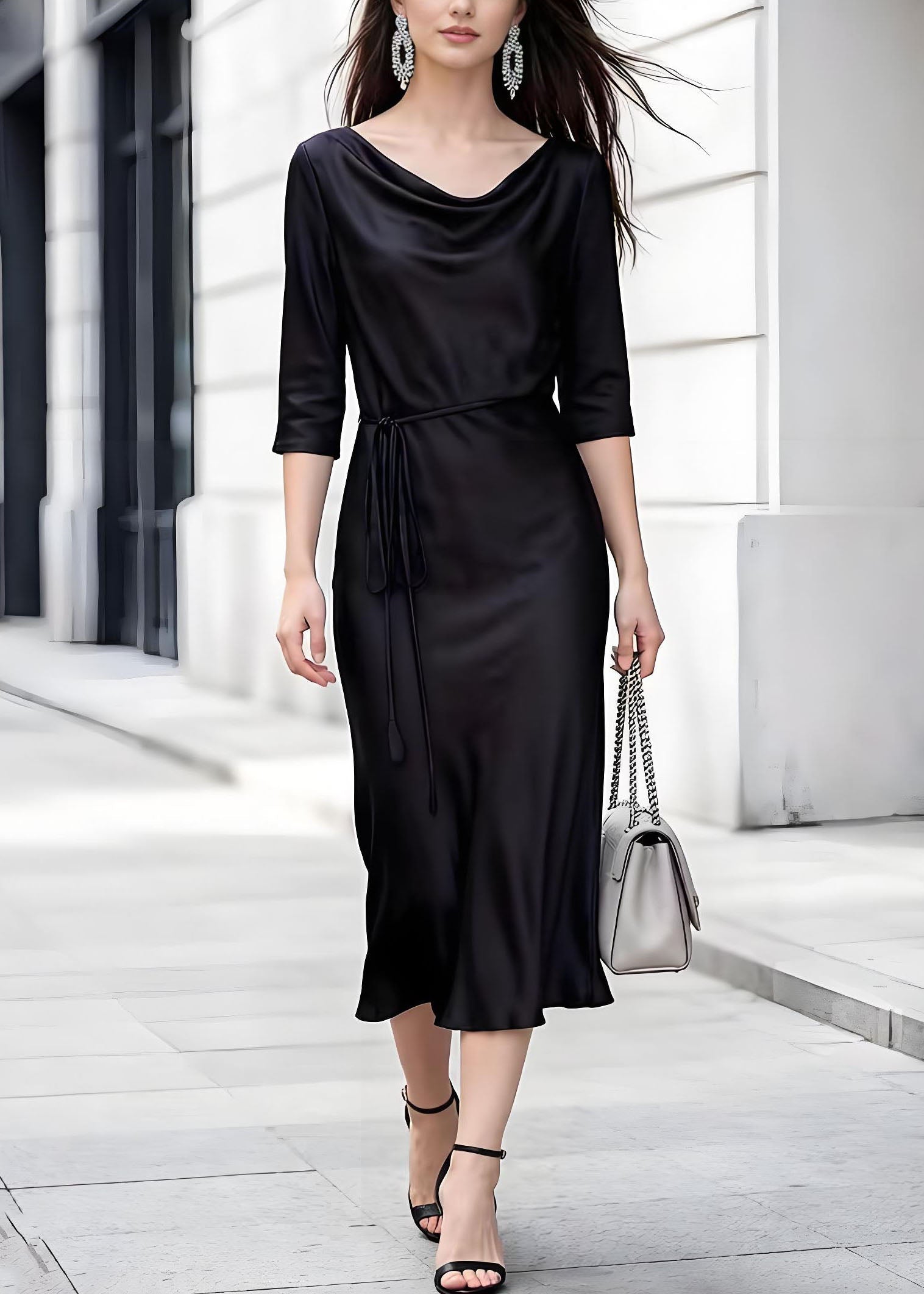 Satin Cowl Neck Three Quarter Sleeve Tie Waist Slip Midi Dress