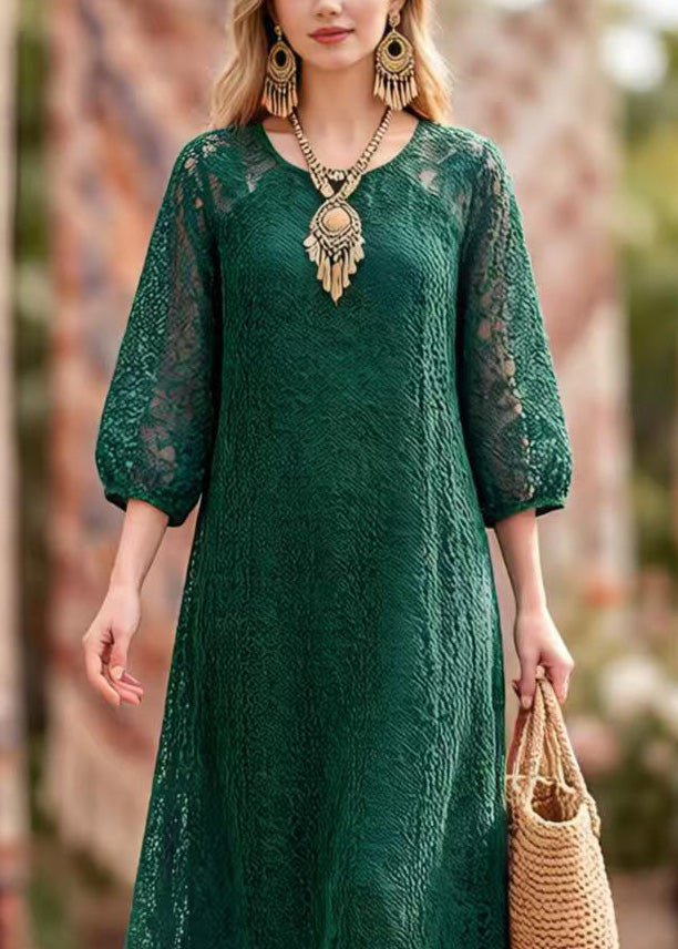 Lace Cut Out Round Neck Puff Sleeve Scalloped Hem Maxi Dress