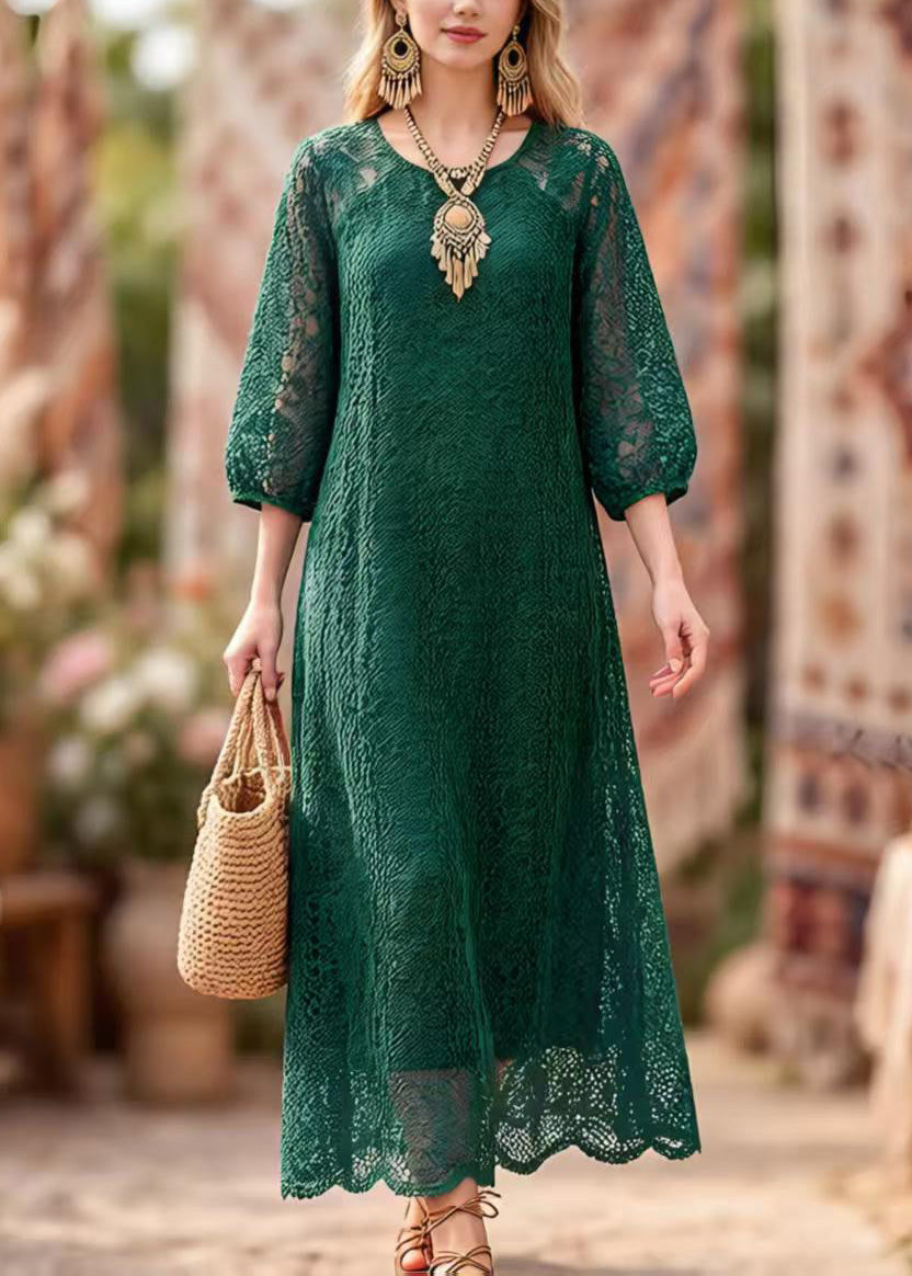 Lace Cut Out Round Neck Puff Sleeve Scalloped Hem Maxi Dress