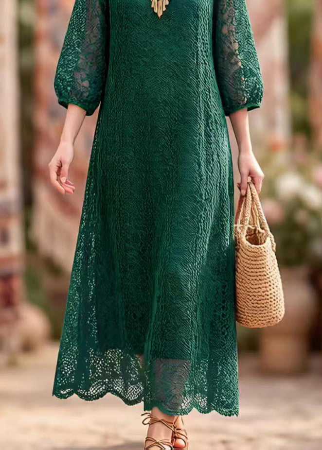 Lace Cut Out Round Neck Puff Sleeve Scalloped Hem Maxi Dress