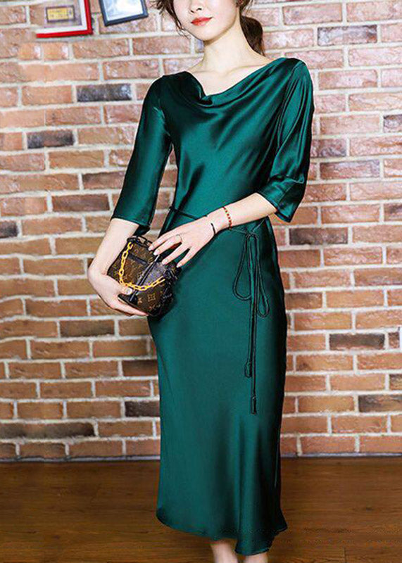 Satin Slash Neck Three Quarter Sleeve Self Tie Belt A-Line Midi Dress