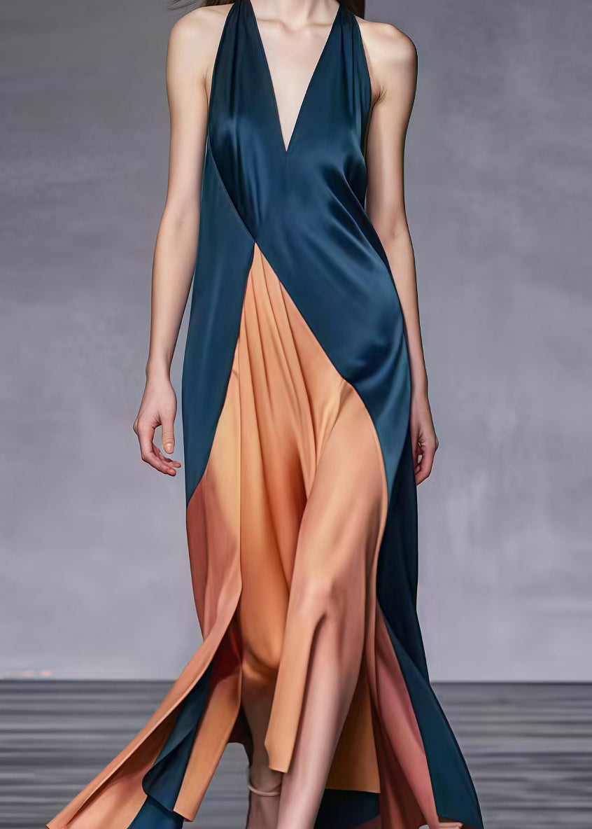Satin Halter Neck Deep V-Neck Asymmetrical Wrap High Split Sleeveless Maxi Gown