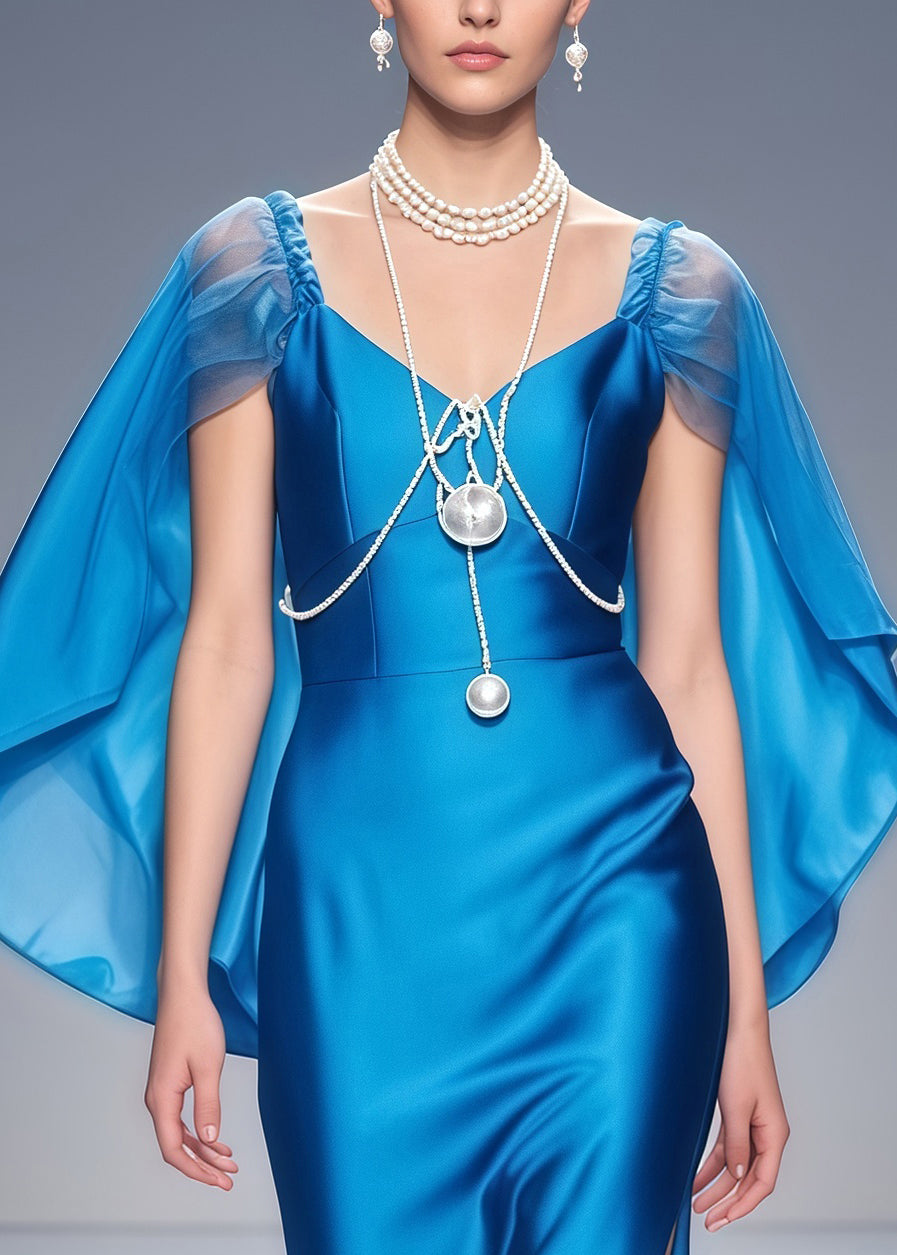 Satin Sweetheart Spaghetti Strap Cape Sleeve Tulle Hem High Split Maxi Gown