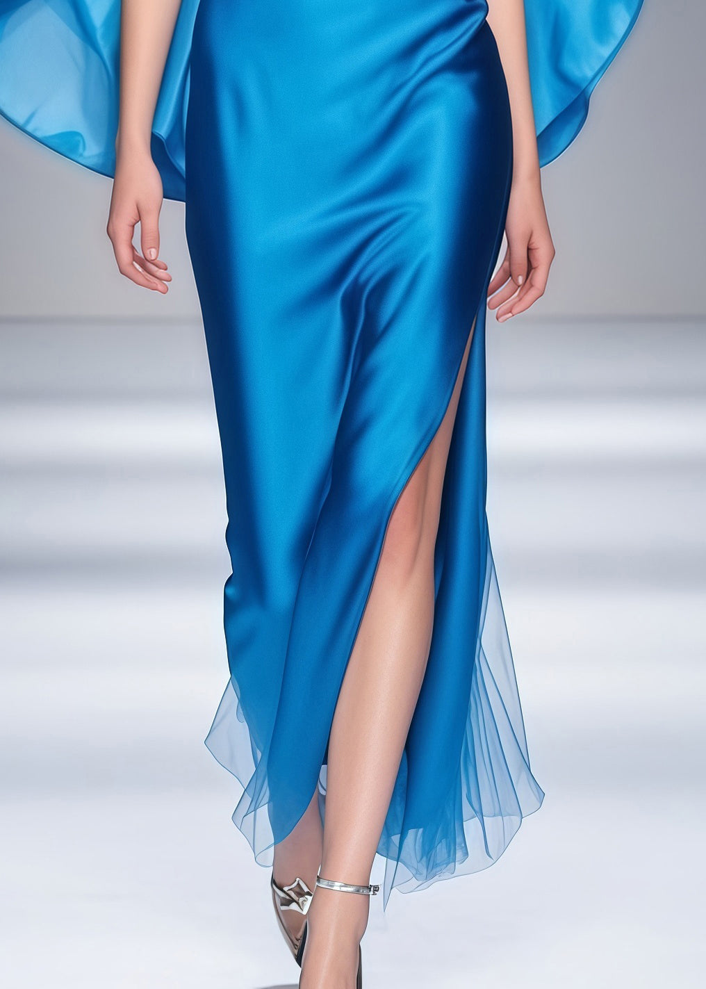 Satin Sweetheart Spaghetti Strap Cape Sleeve Tulle Hem High Split Maxi Gown