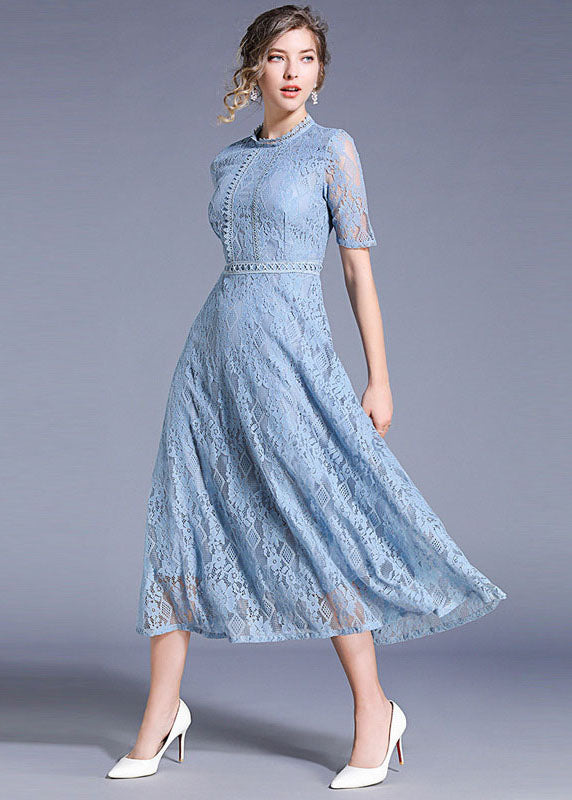 Lace Diamond Pattern Crew Neck Short Sleeve Fitted Waist A-Line Midi Dress
