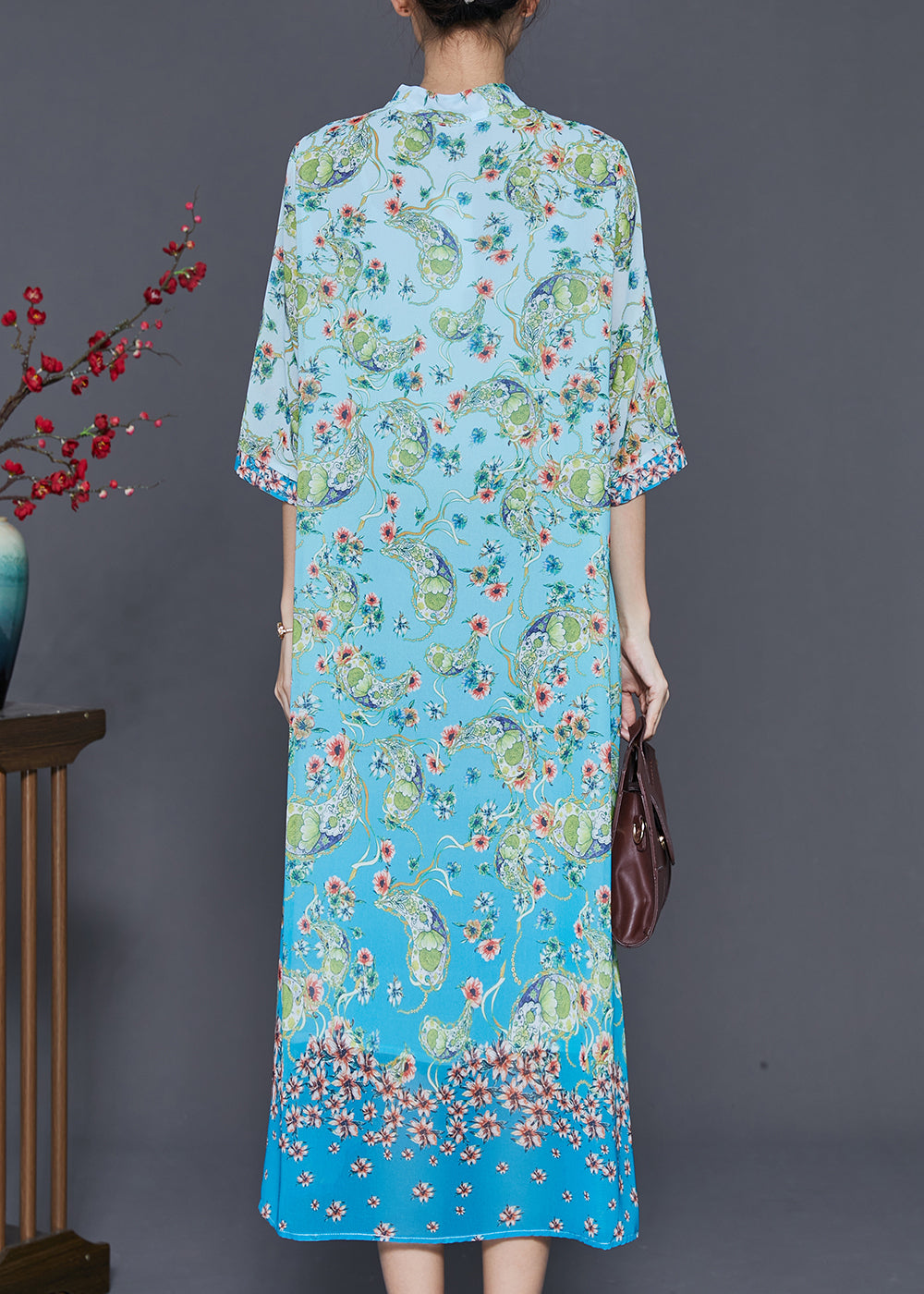 Paisley Print Mandarin Collar Tie Neck Three Quarter Sleeve Border Hem Chiffon Maxi Dress