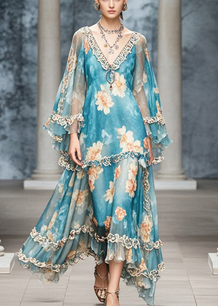 Elegant Blue Ruffled Print Chiffon Long Dress Fall 3