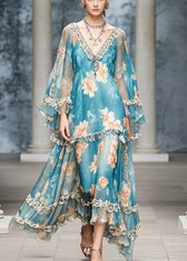 Elegant Blue Ruffled Print Chiffon Long Dress Fall 3