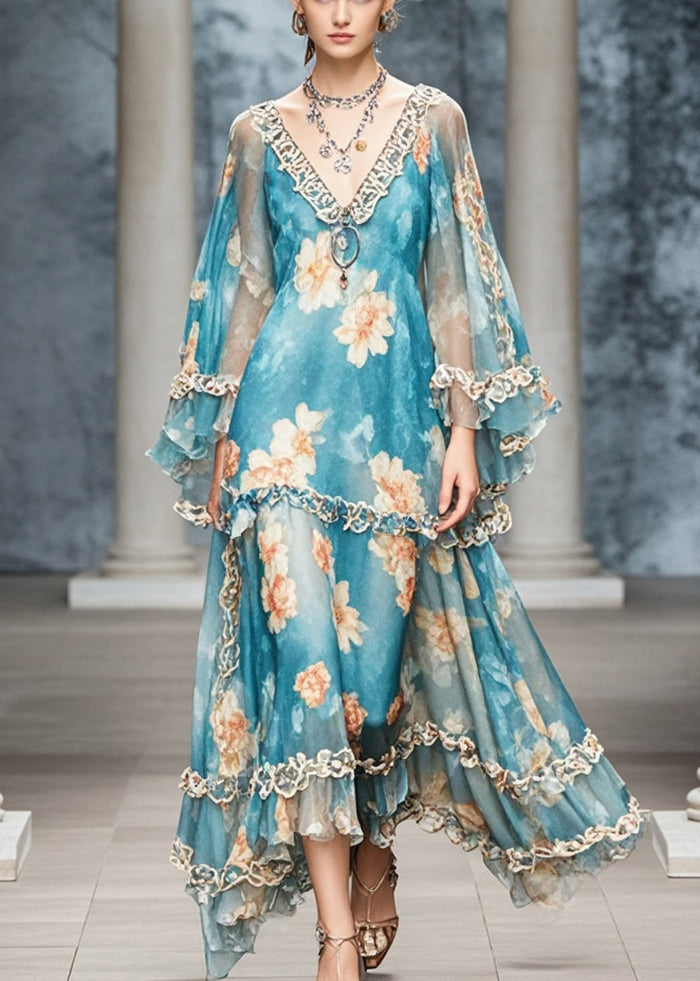 Elegant Blue Ruffled Print Chiffon Long Dress Fall 5