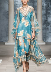 Elegant Blue Ruffled Print Chiffon Long Dress Fall 5
