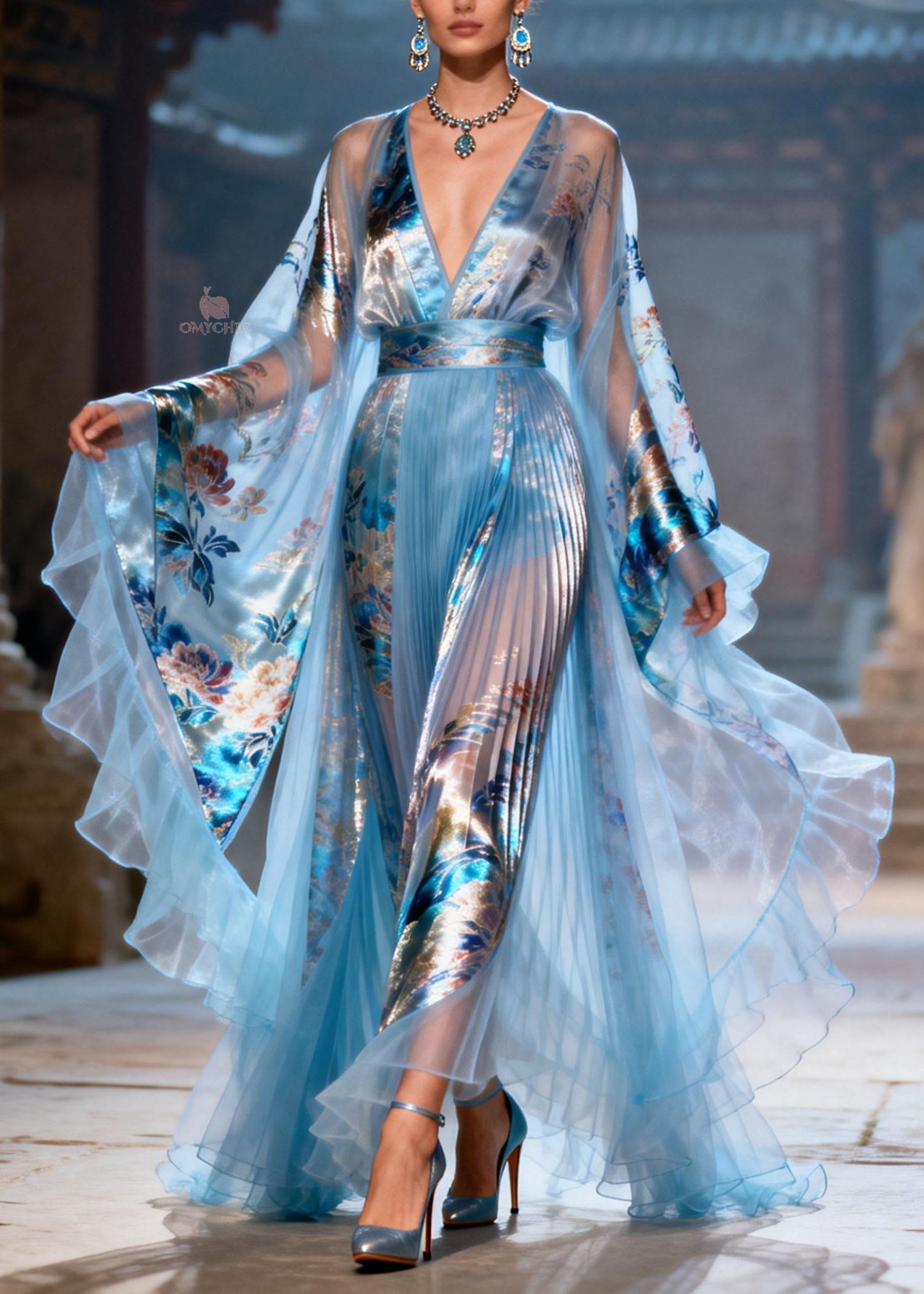 Elegant Blue Ruffled Print Chiffon Maxi Dresses Summer - View 5