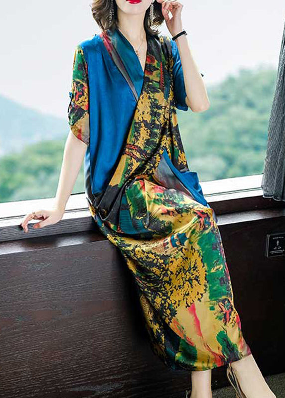 Abstract Landscape Print Satin Wrap V-Neck Short Sleeve Draped Pocket Maxi Dress
