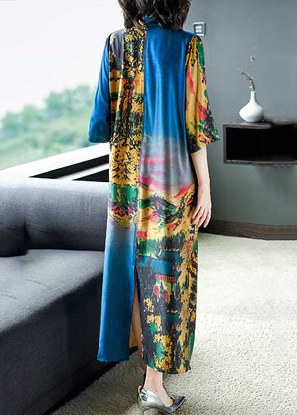 Abstract Landscape Print Satin Wrap V-Neck Short Sleeve Draped Pocket Maxi Dress