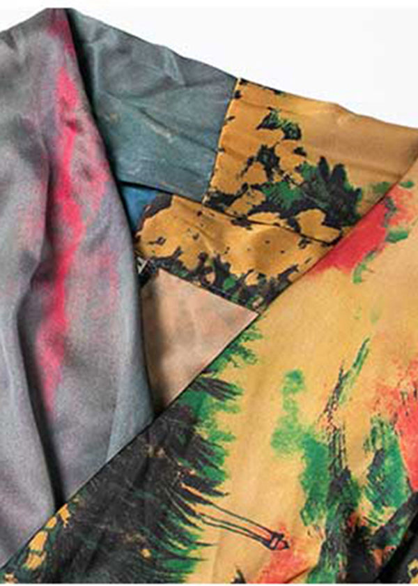Abstract Landscape Print Satin Wrap V-Neck Short Sleeve Draped Pocket Maxi Dress