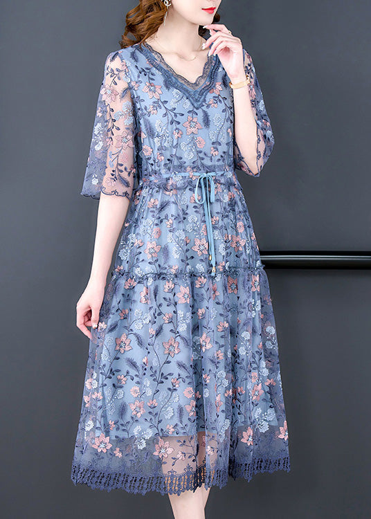 Elegant Blue V Neck Embroideried Ruffled Tie Waist Tulle Long Dresses Half Sleeve 2
