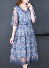 Elegant Blue V Neck Embroideried Ruffled Tie Waist Tulle Long Dresses Half Sleeve 2