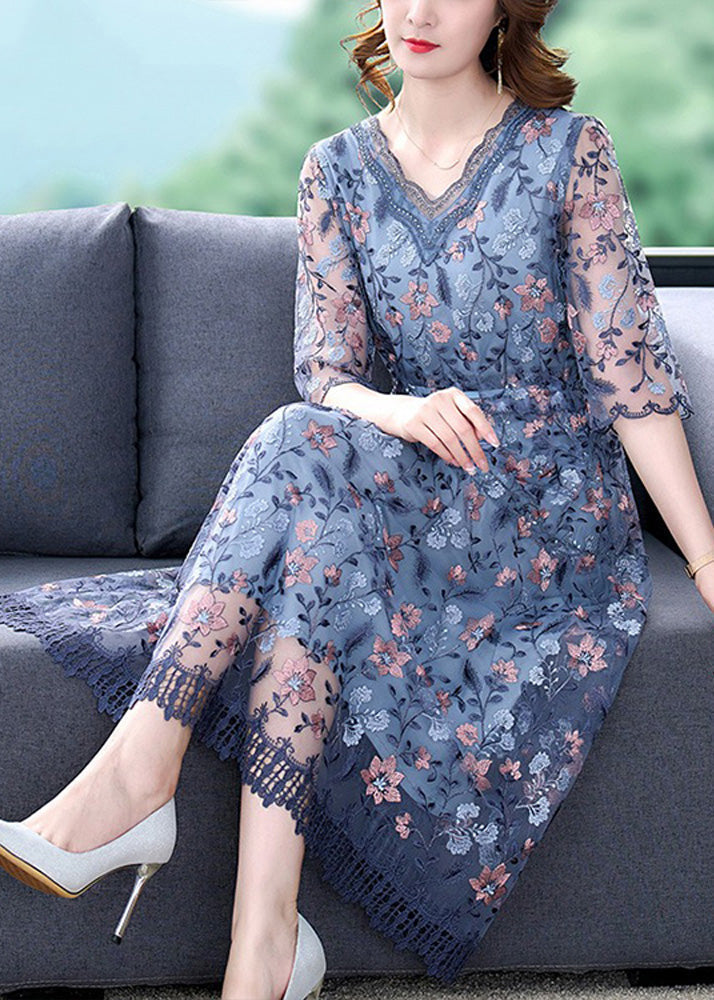 Elegant Blue V Neck Embroideried Ruffled Tie Waist Tulle Long Dresses Half Sleeve 3