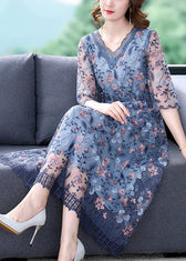 Elegant Blue V Neck Embroideried Ruffled Tie Waist Tulle Long Dresses Half Sleeve 3