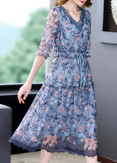 Elegant Blue V Neck Embroideried Ruffled Tie Waist Tulle Long Dresses Half Sleeve 4