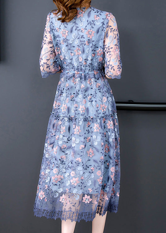 Elegant Blue V Neck Embroideried Ruffled Tie Waist Tulle Long Dresses Half Sleeve 5