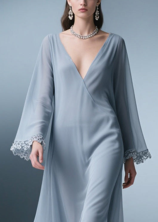 Chiffon Deep V-Neck Bell Sleeve Lace Trim Ruffle Hem Maxi Dress