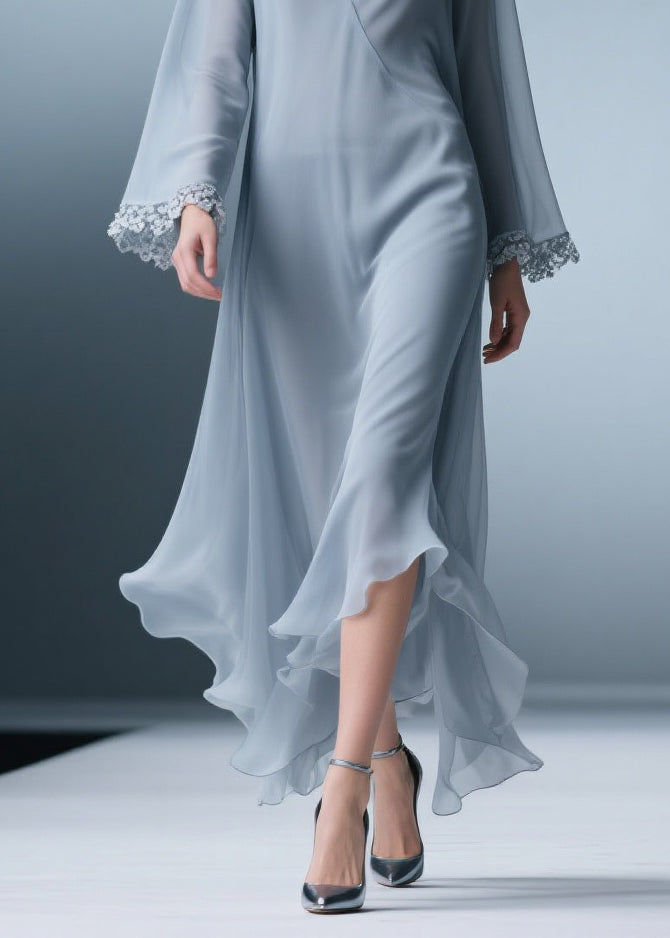 Chiffon Deep V-Neck Bell Sleeve Lace Trim Ruffle Hem Maxi Dress