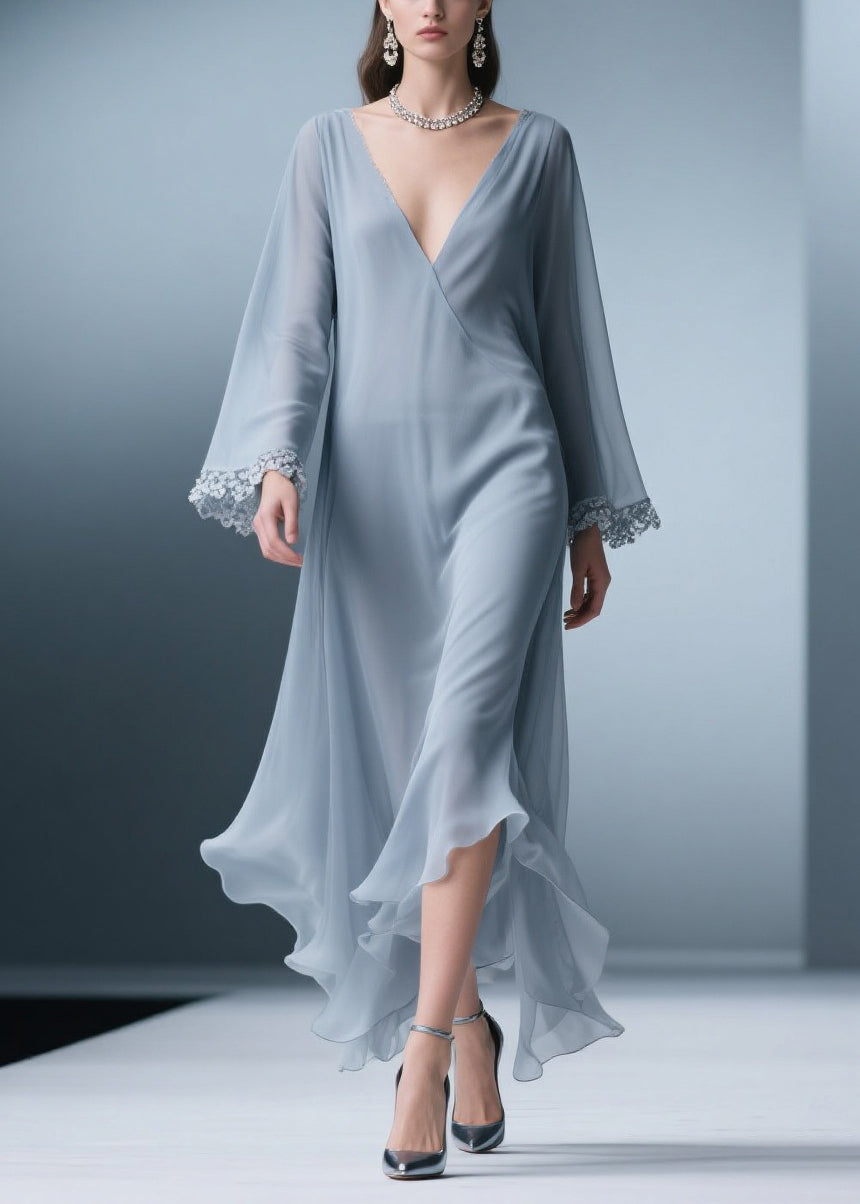 Chiffon Deep V-Neck Bell Sleeve Lace Trim Ruffle Hem Maxi Dress