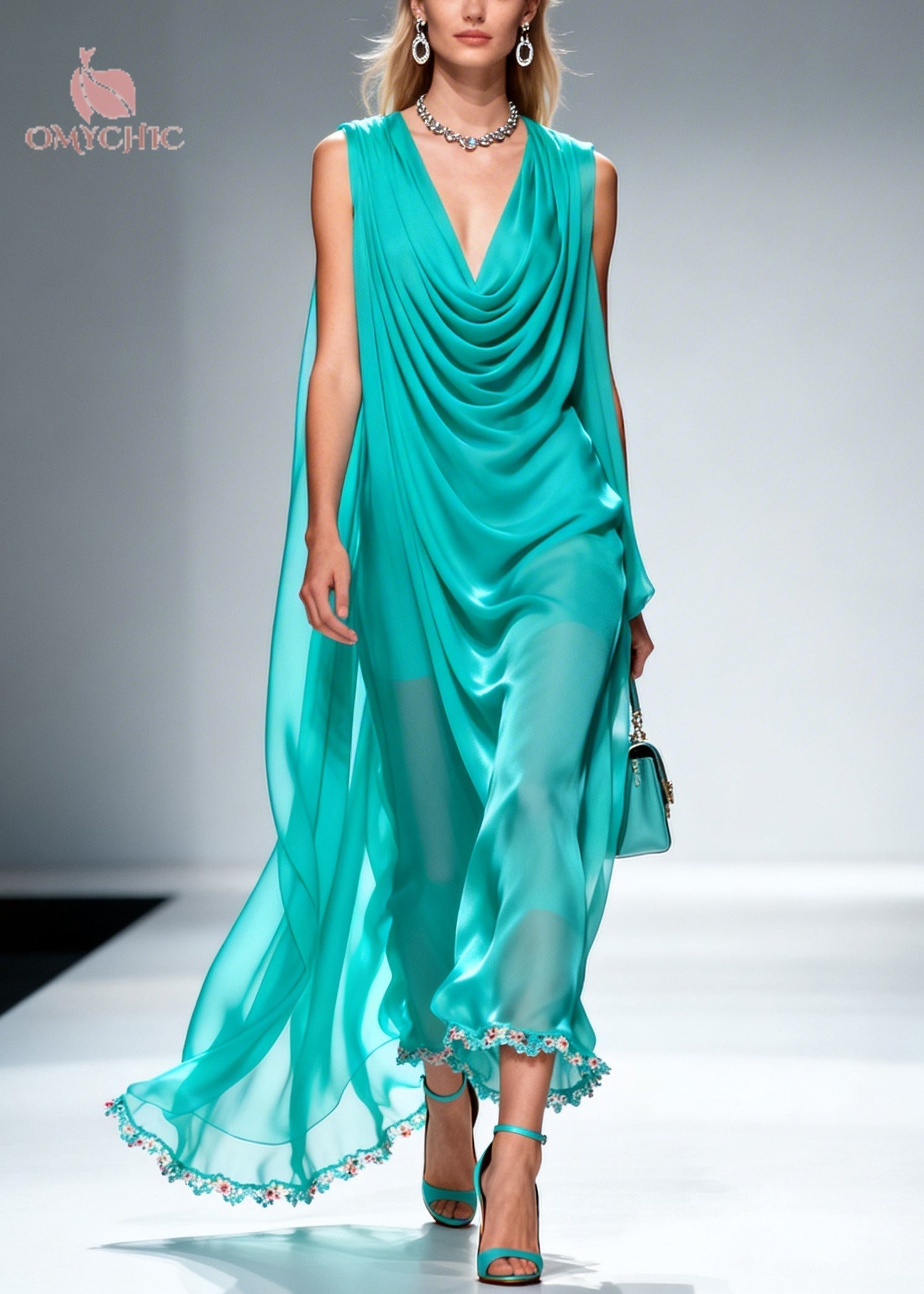 Chiffon Cowl Deep V-Neck Sleeveless Scalloped Floral Embroidered Cape Maxi Gown